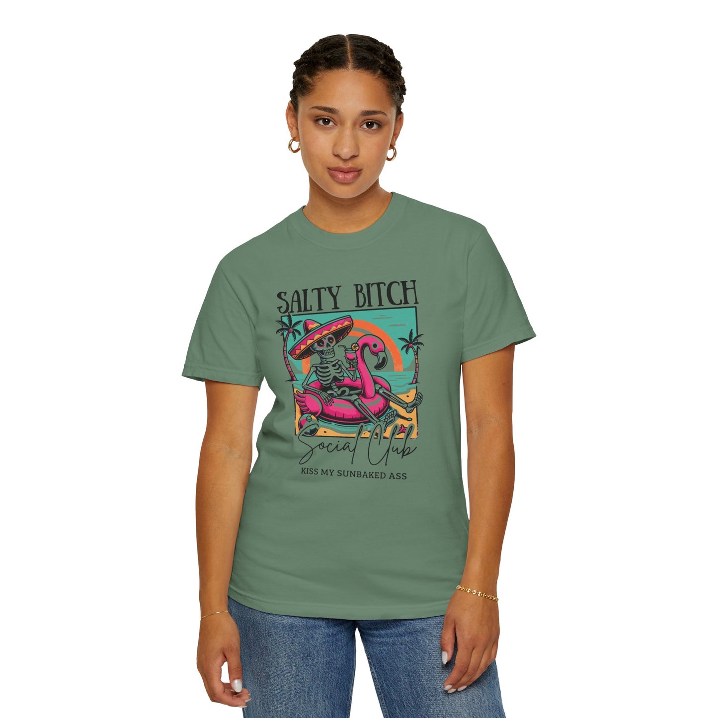 Salty Bitch Beach Vibes T-Shirt — Retro Skeleton Flamingo Summer Tee