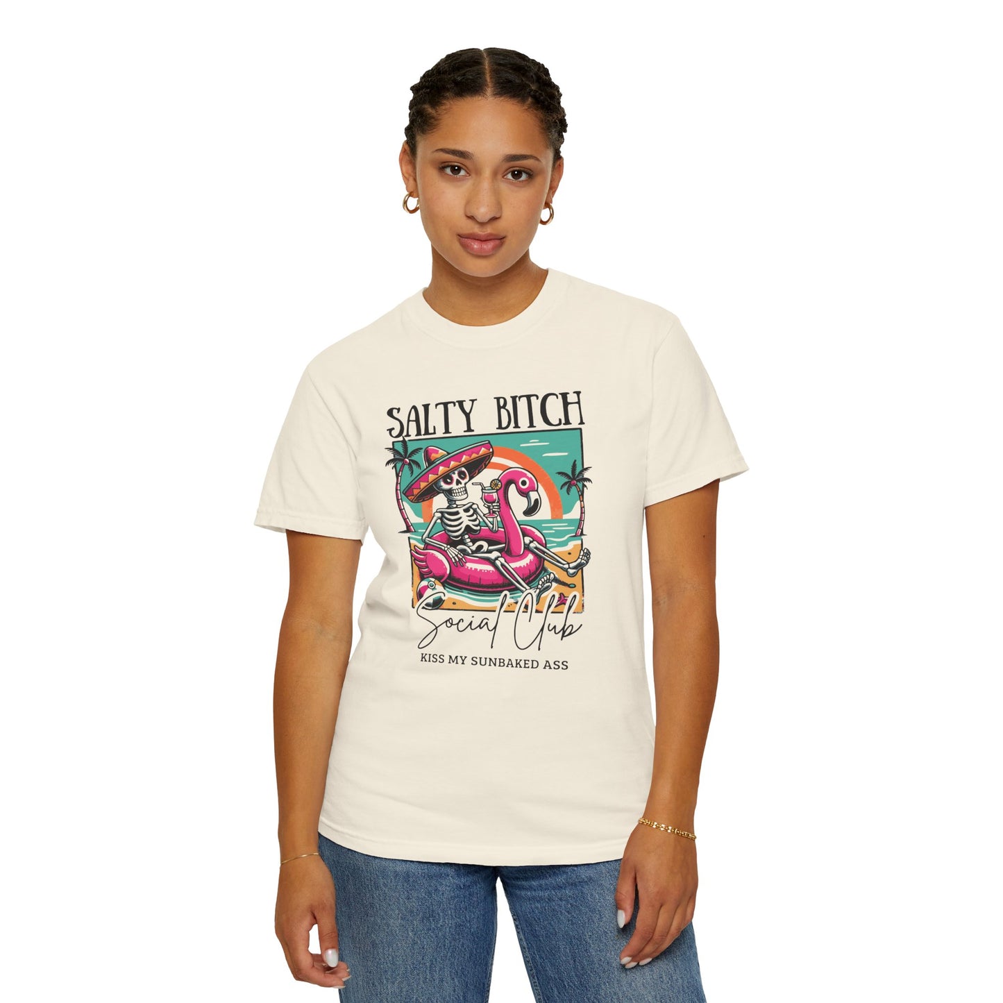 Salty Bitch Beach Vibes T-Shirt — Retro Skeleton Flamingo Summer Tee