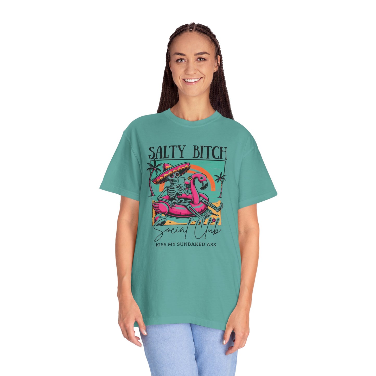 Salty Bitch Beach Vibes T-Shirt — Retro Skeleton Flamingo Summer Tee