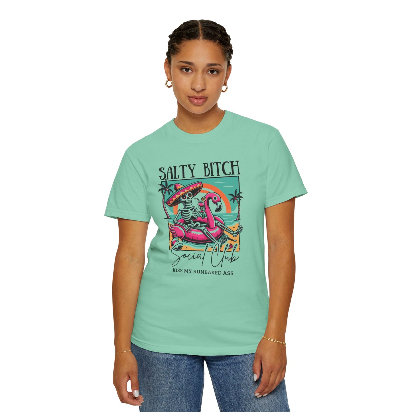 Salty Bitch Beach Vibes T-Shirt — Retro Skeleton Flamingo Summer Tee