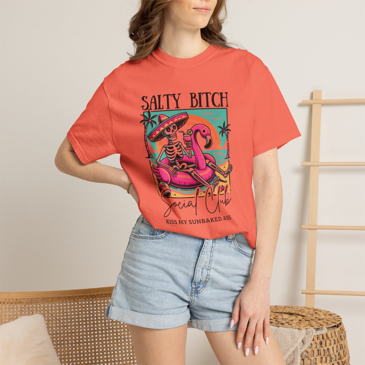 Salty Bitch Beach Vibes T-Shirt — Retro Skeleton Flamingo Summer Tee