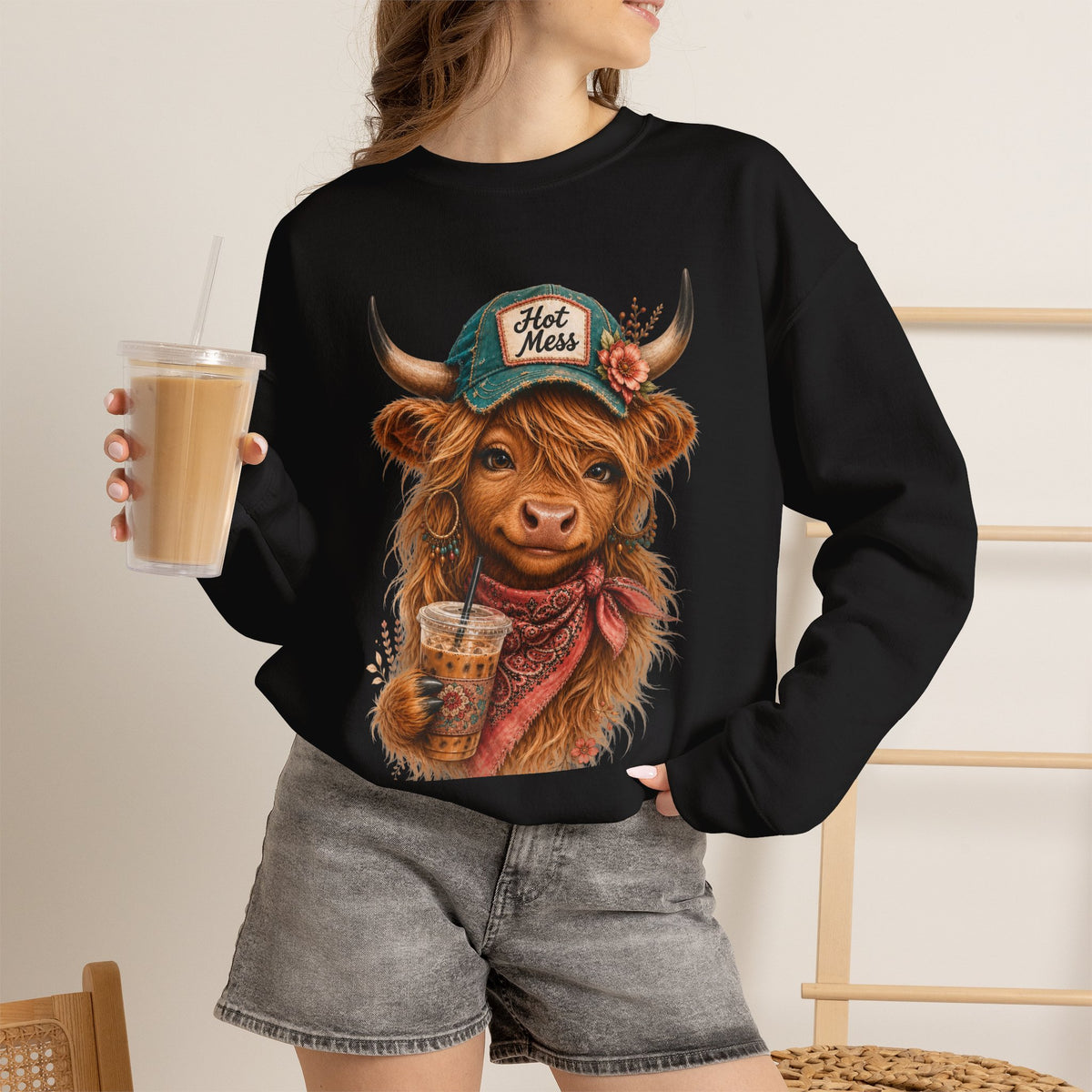 Cow Holding Coffee Crewneck Sweatshirt – 'Hot Mess' Highland Cow Cozy Pullover