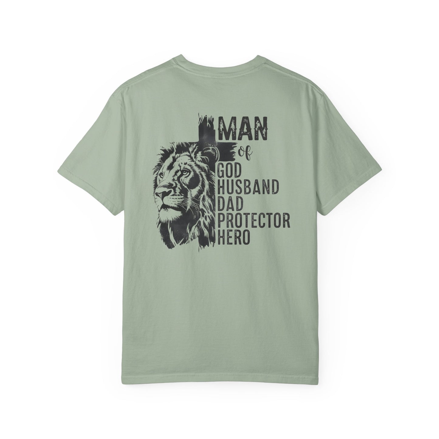 Lion Cross T-Shirt – “Man of God, Husband, Dad, Protector, Hero” Faith Tee