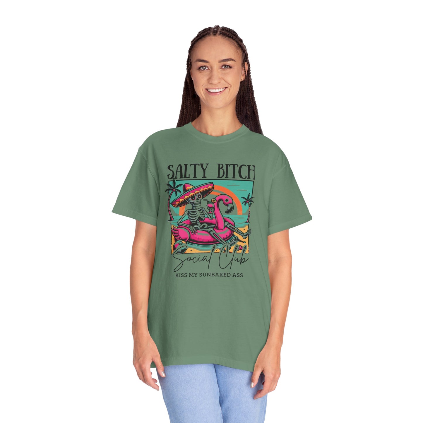 Salty Bitch Beach Vibes T-Shirt — Retro Skeleton Flamingo Summer Tee