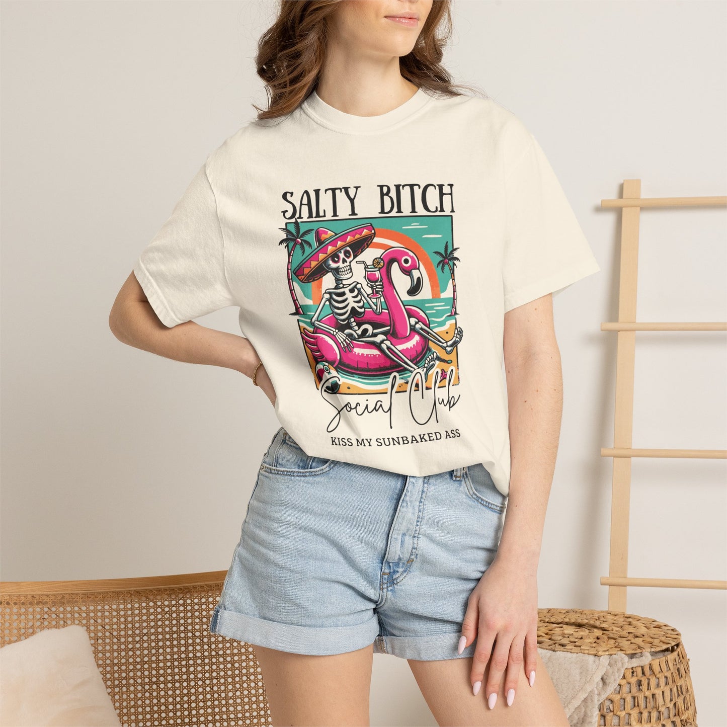 Salty Bitch Beach Vibes T-Shirt — Retro Skeleton Flamingo Summer Tee