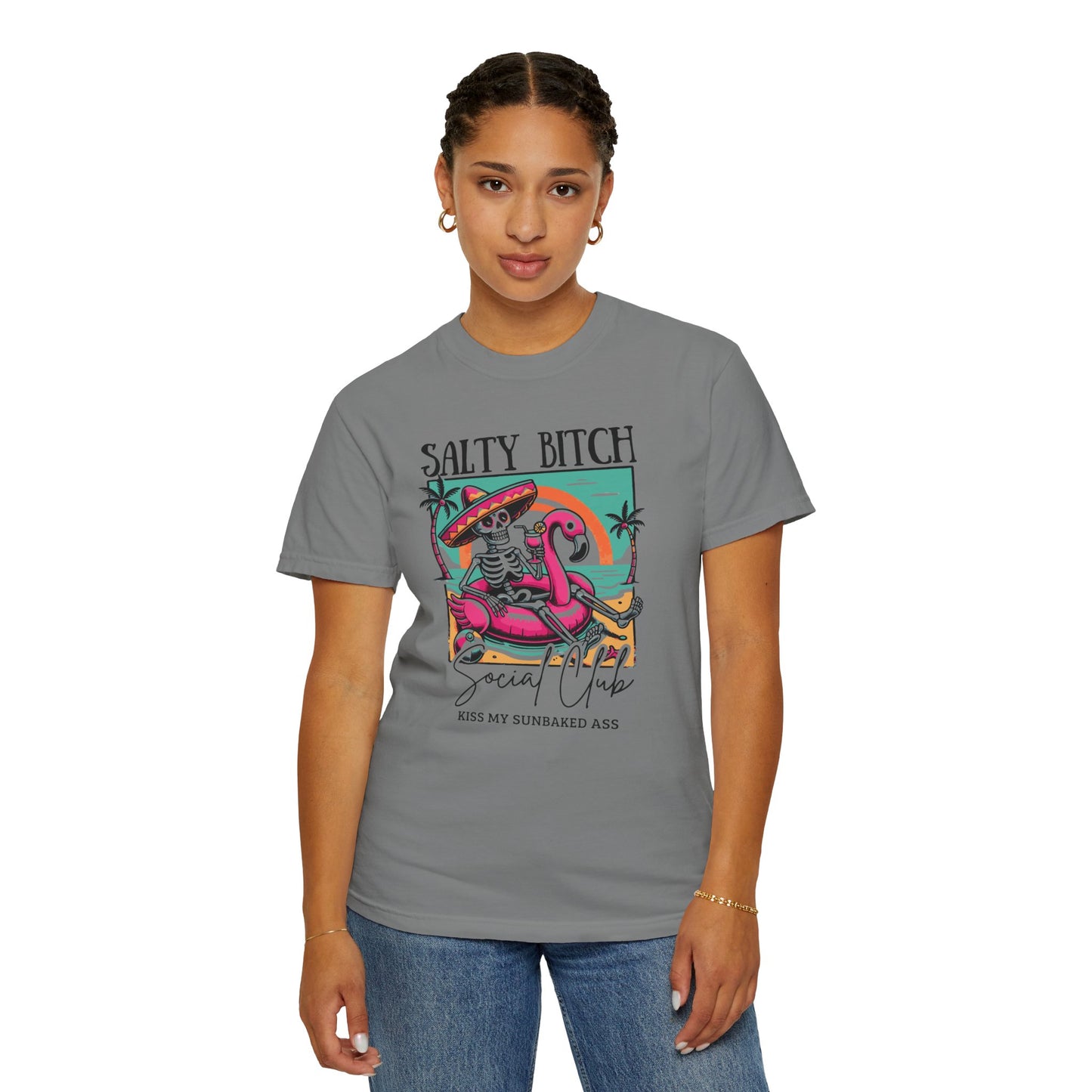 Salty Bitch Beach Vibes T-Shirt — Retro Skeleton Flamingo Summer Tee