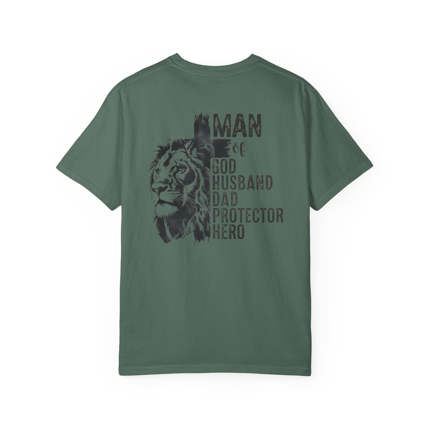 Lion Cross T-Shirt – “Man of God, Husband, Dad, Protector, Hero” Faith Tee