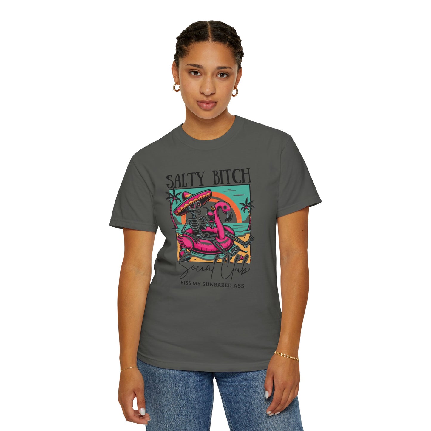 Salty Bitch Beach Vibes T-Shirt — Retro Skeleton Flamingo Summer Tee