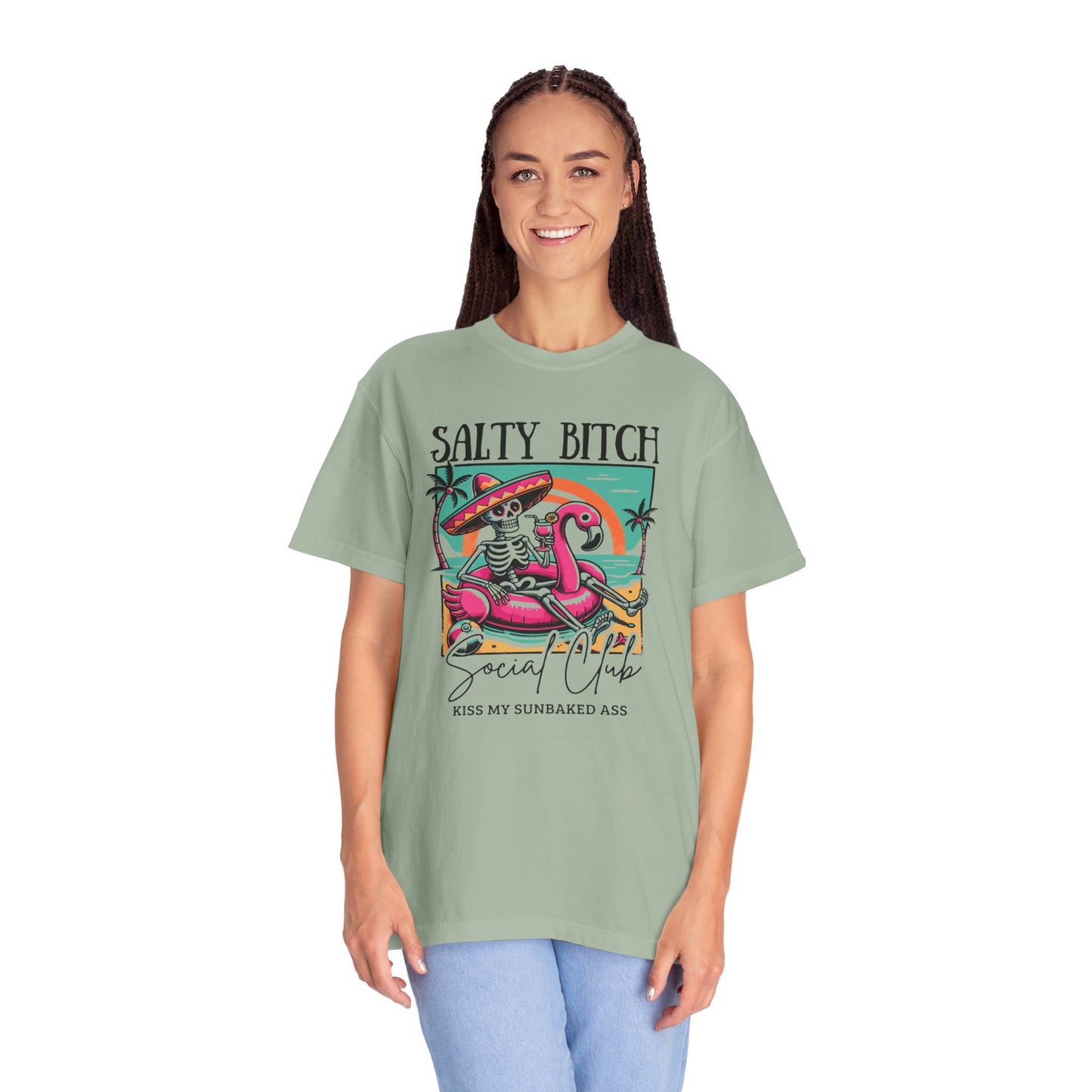 Salty Bitch Beach Vibes T-Shirt — Retro Skeleton Flamingo Summer Tee