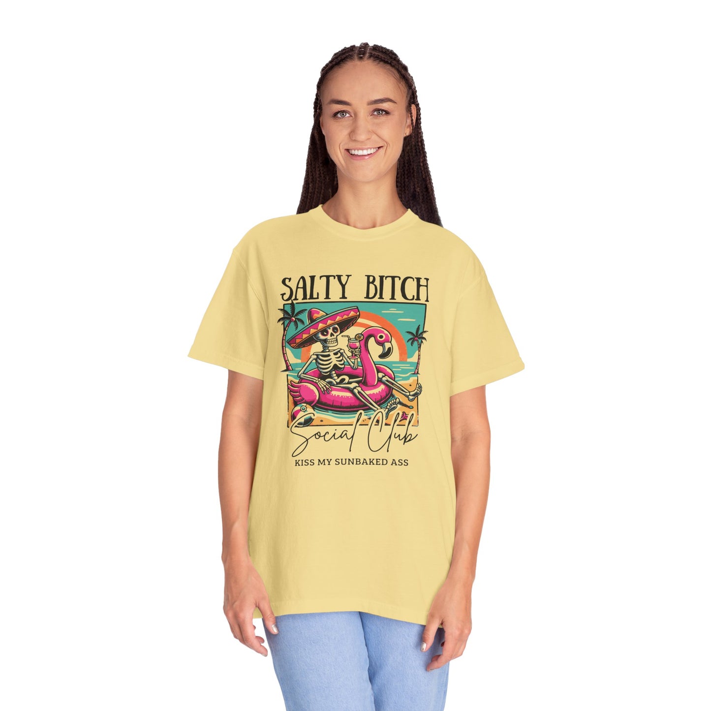 Salty Bitch Beach Vibes T-Shirt — Retro Skeleton Flamingo Summer Tee