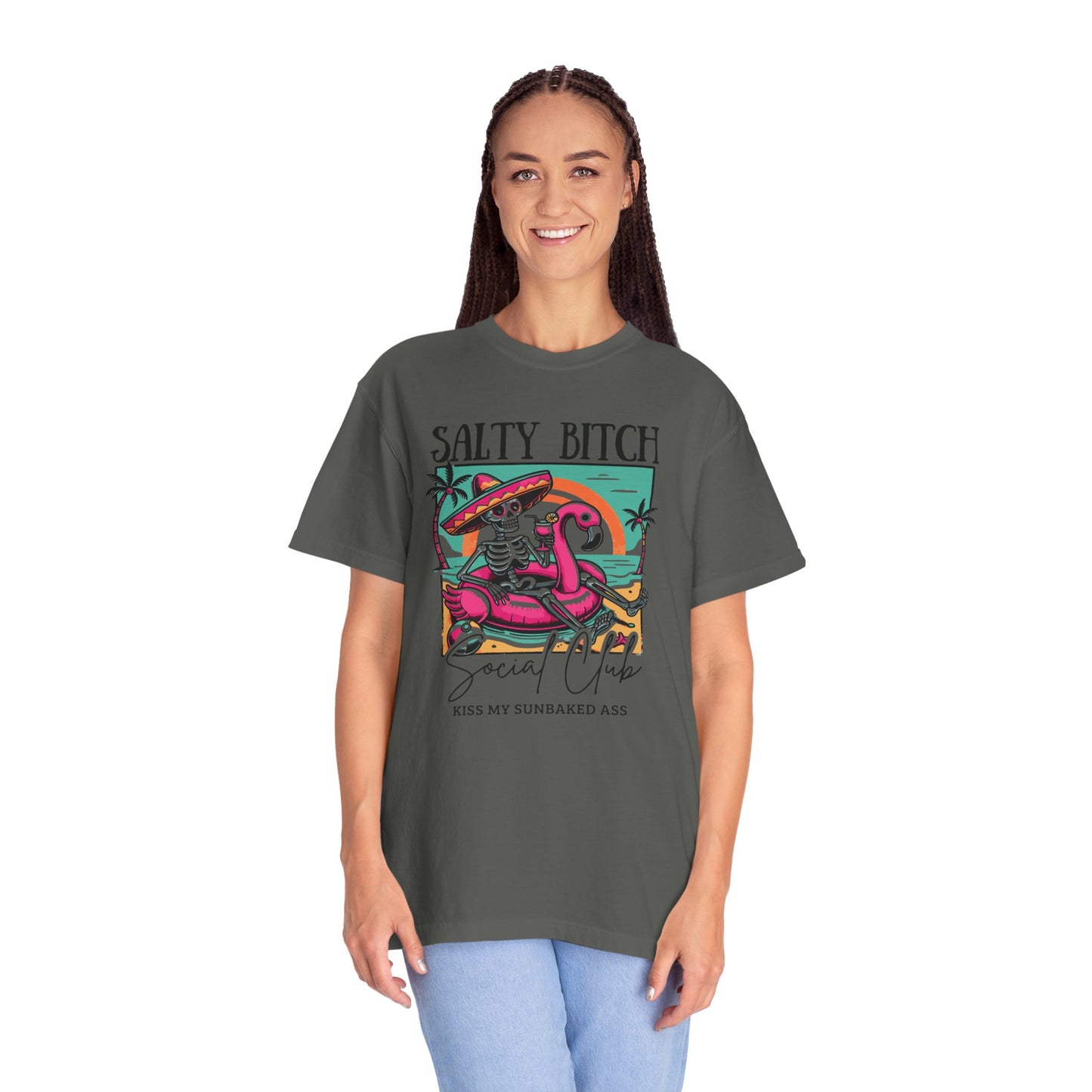 Salty Bitch Beach Vibes T-Shirt — Retro Skeleton Flamingo Summer Tee