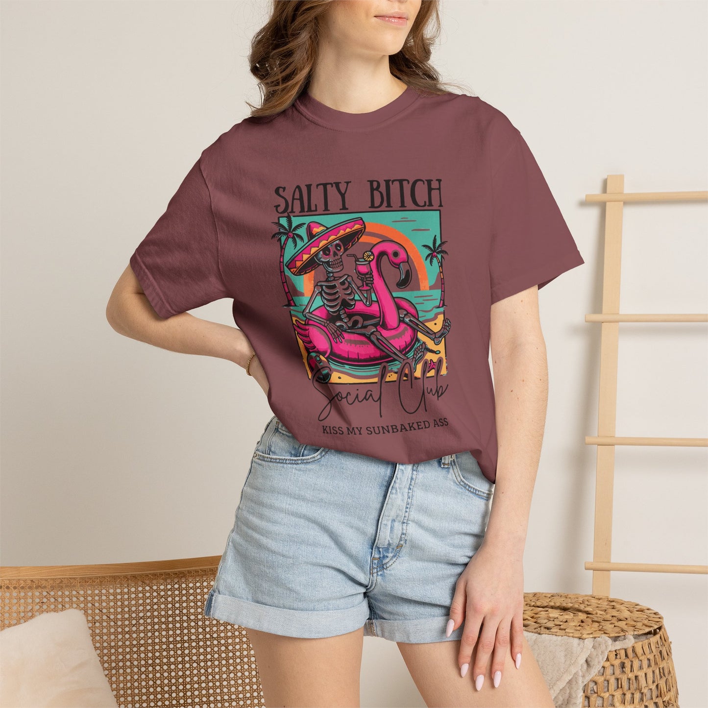 Salty Bitch Beach Vibes T-Shirt — Retro Skeleton Flamingo Summer Tee