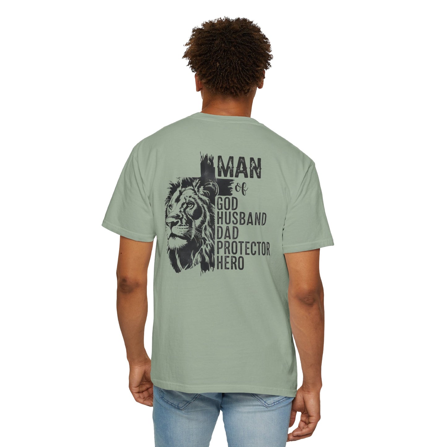 Lion Cross T-Shirt – “Man of God, Husband, Dad, Protector, Hero” Faith Tee
