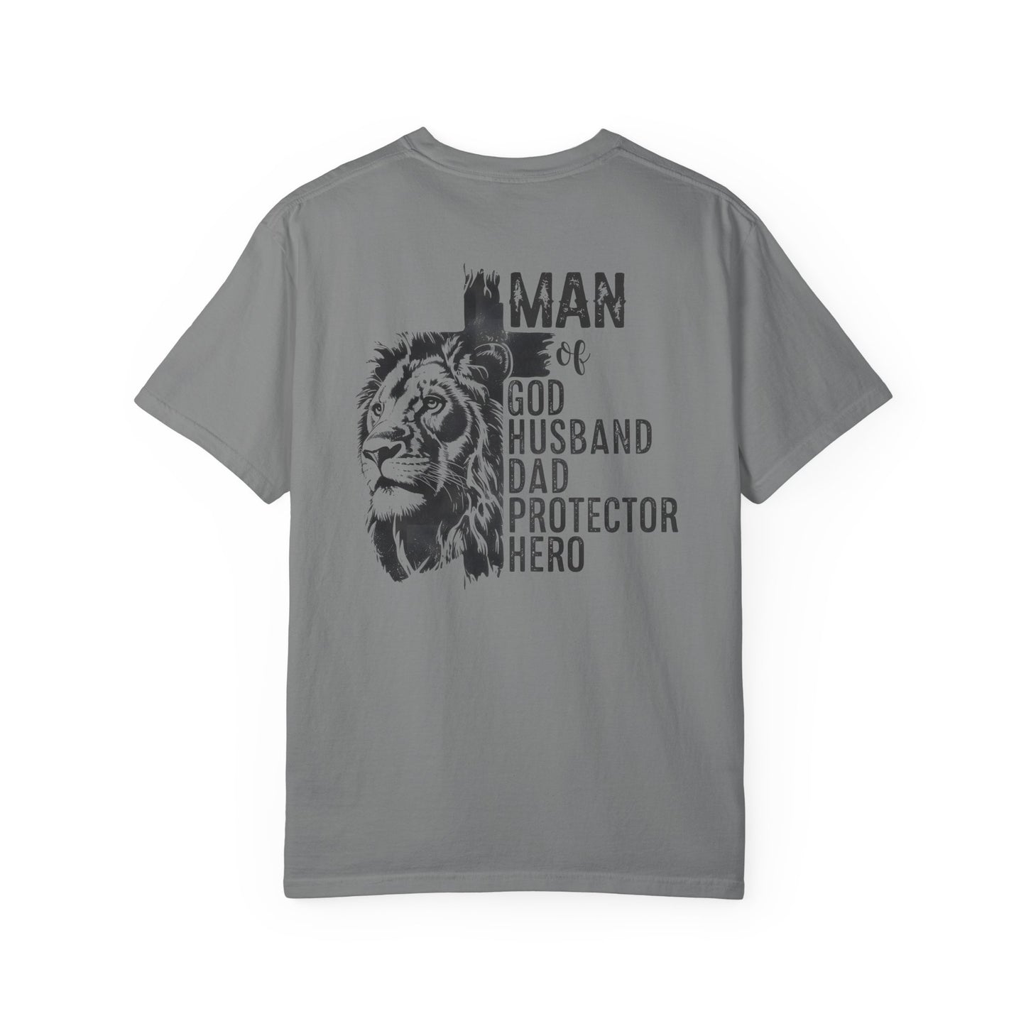 Lion Cross T-Shirt – “Man of God, Husband, Dad, Protector, Hero” Faith Tee