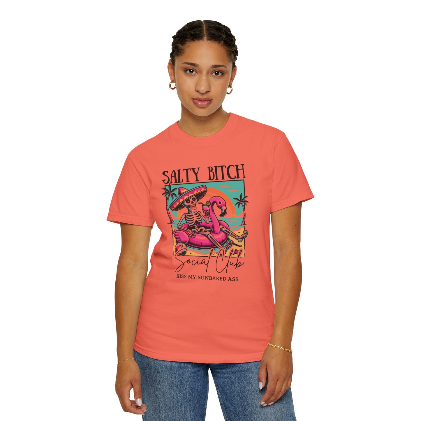 Salty Bitch Beach Vibes T-Shirt — Retro Skeleton Flamingo Summer Tee