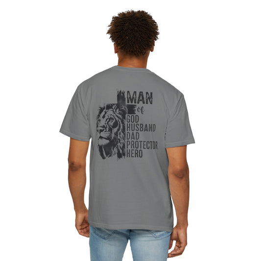 Lion Cross T-Shirt – “Man of God, Husband, Dad, Protector, Hero” Faith Tee