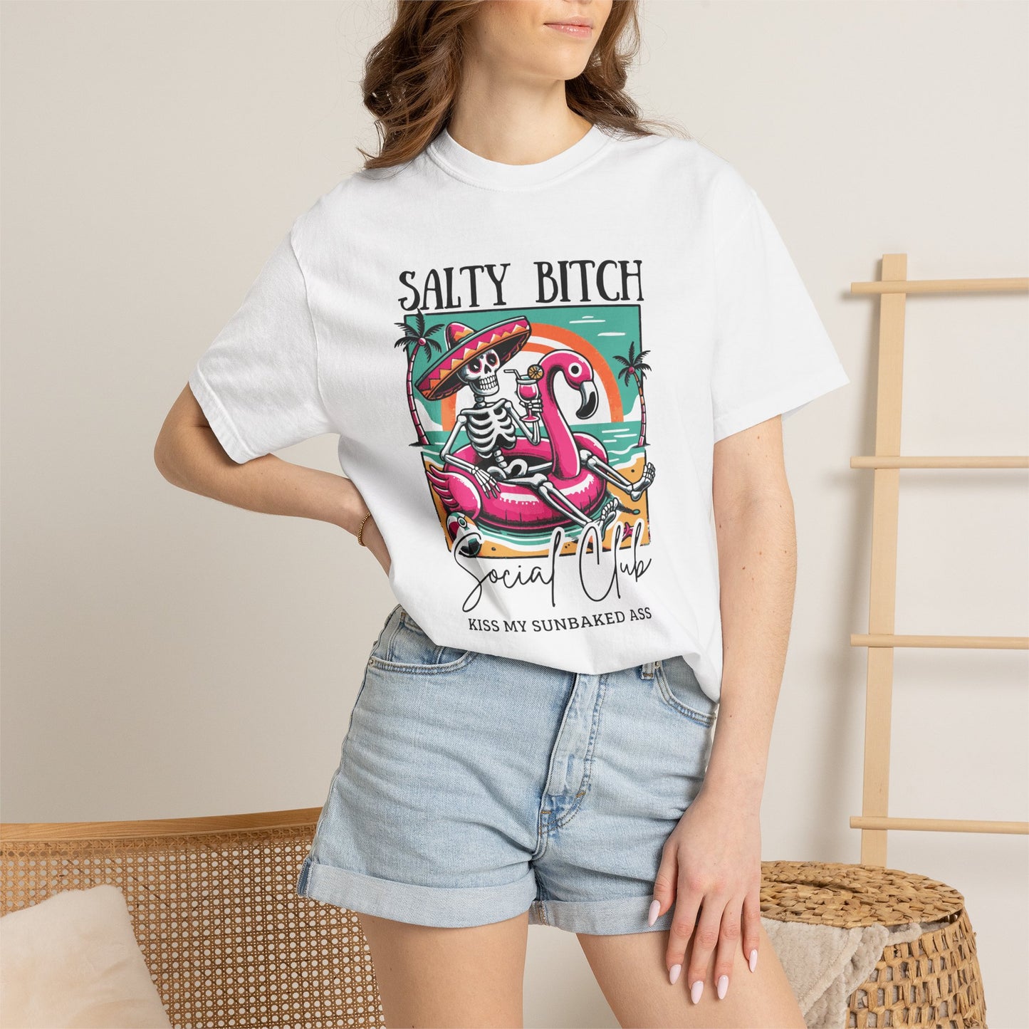 Salty Bitch Beach Vibes T-Shirt — Retro Skeleton Flamingo Summer Tee