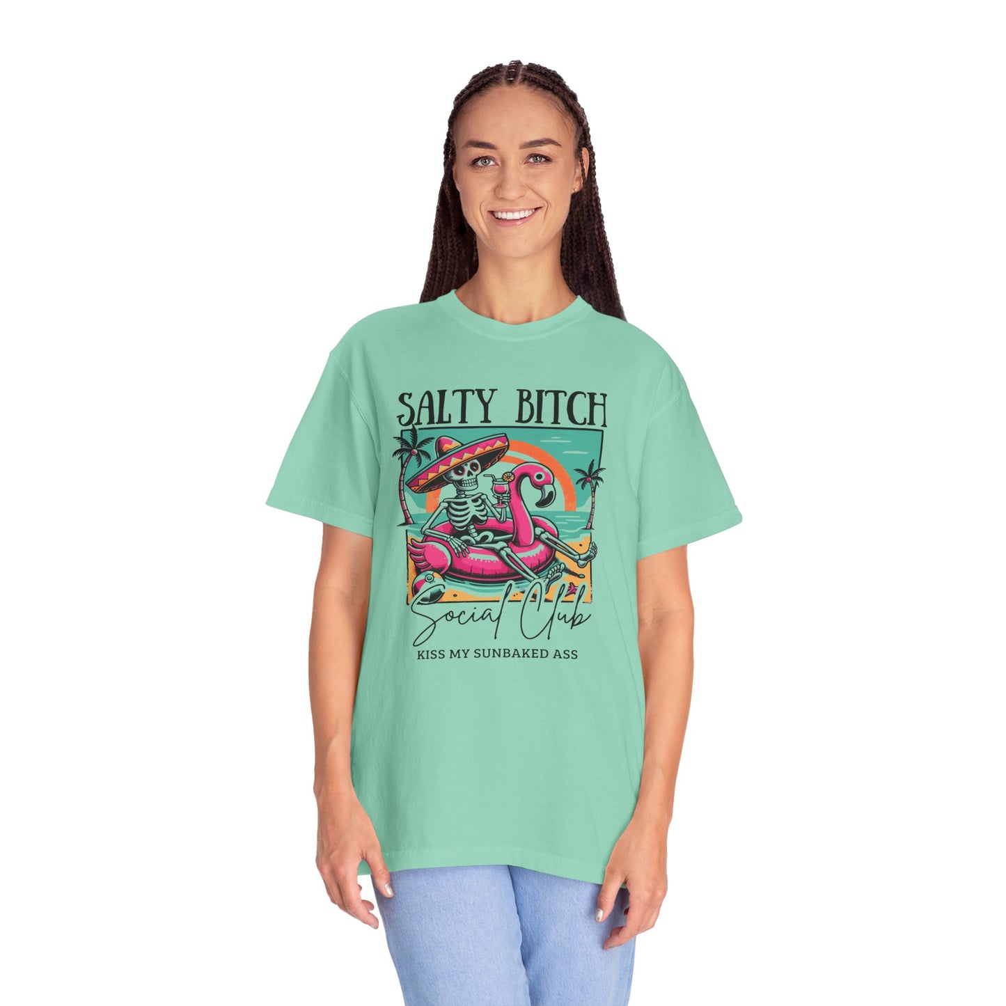 Salty Bitch Beach Vibes T-Shirt — Retro Skeleton Flamingo Summer Tee
