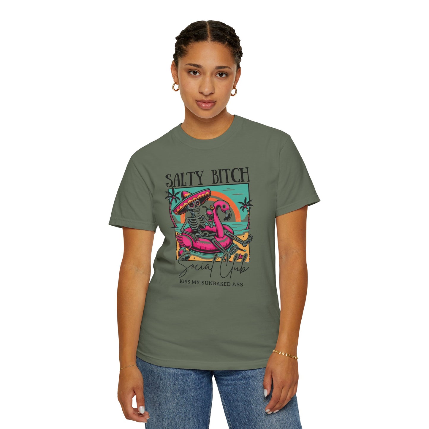 Salty Bitch Beach Vibes T-Shirt — Retro Skeleton Flamingo Summer Tee