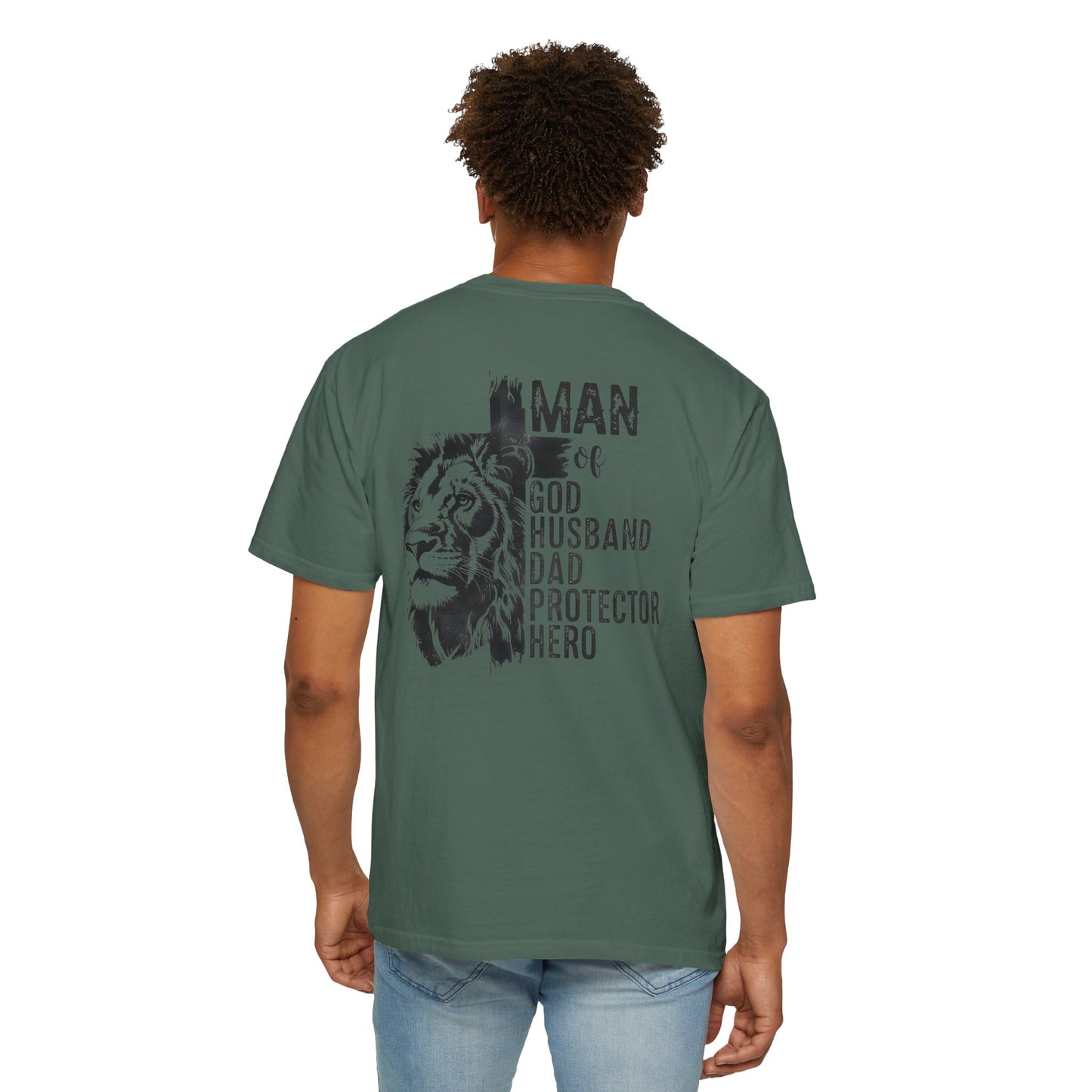 Lion Cross T-Shirt – “Man of God, Husband, Dad, Protector, Hero” Faith Tee