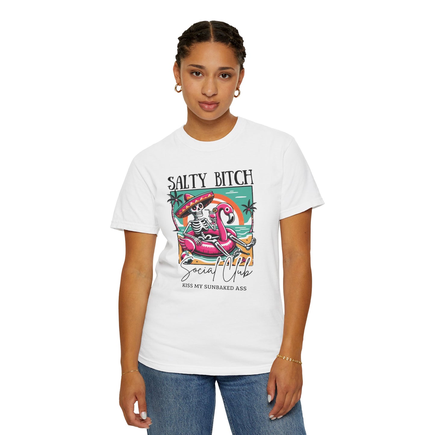 Salty Bitch Beach Vibes T-Shirt — Retro Skeleton Flamingo Summer Tee