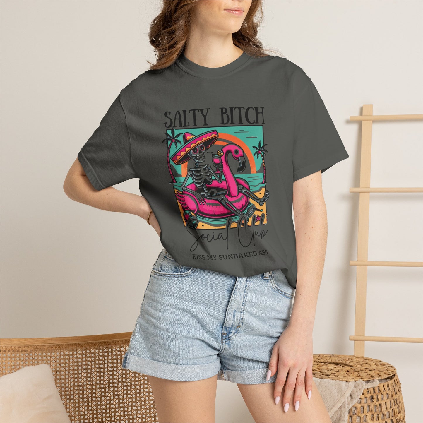 Salty Bitch Beach Vibes T-Shirt — Retro Skeleton Flamingo Summer Tee