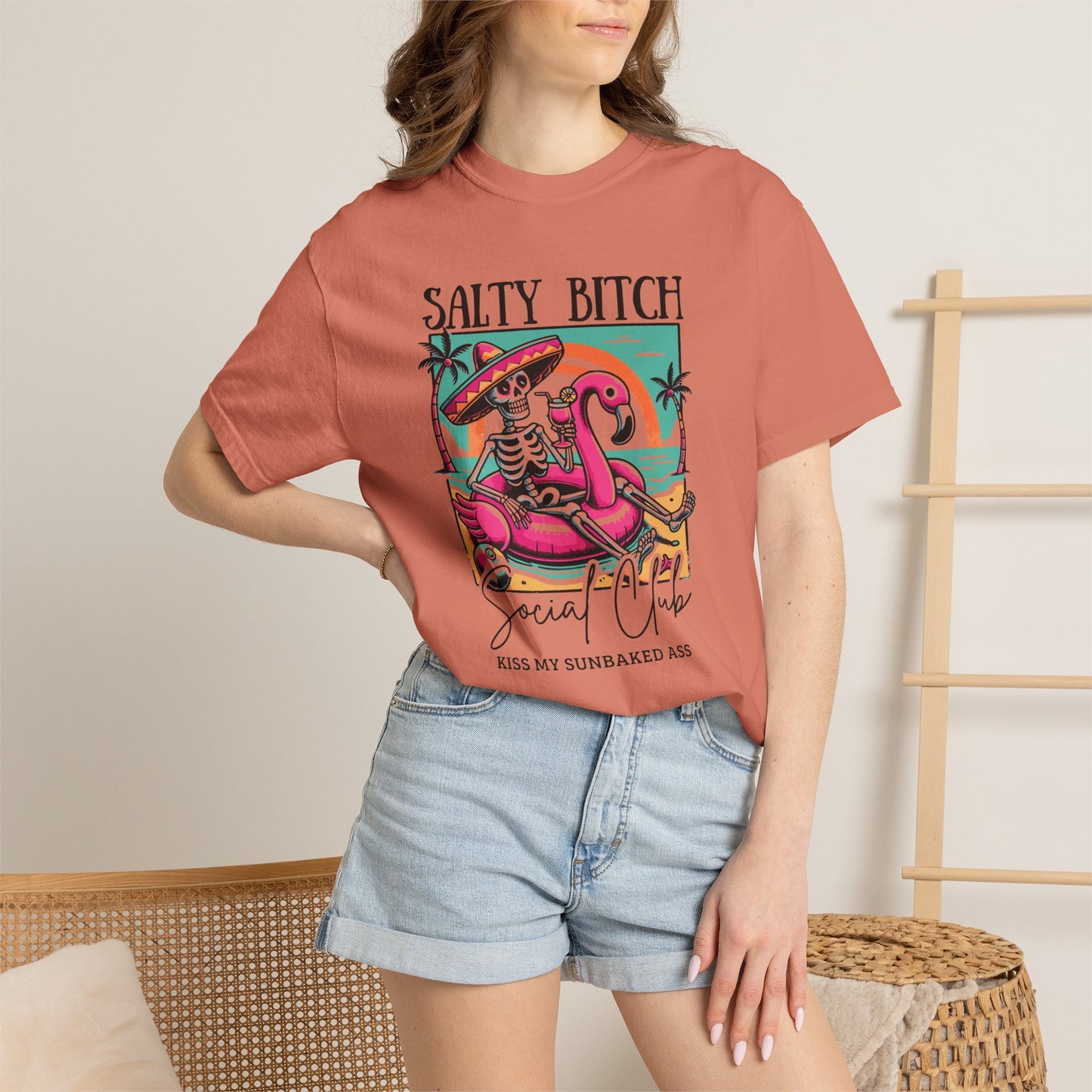 Salty Bitch Beach Vibes T-Shirt — Retro Skeleton Flamingo Summer Tee