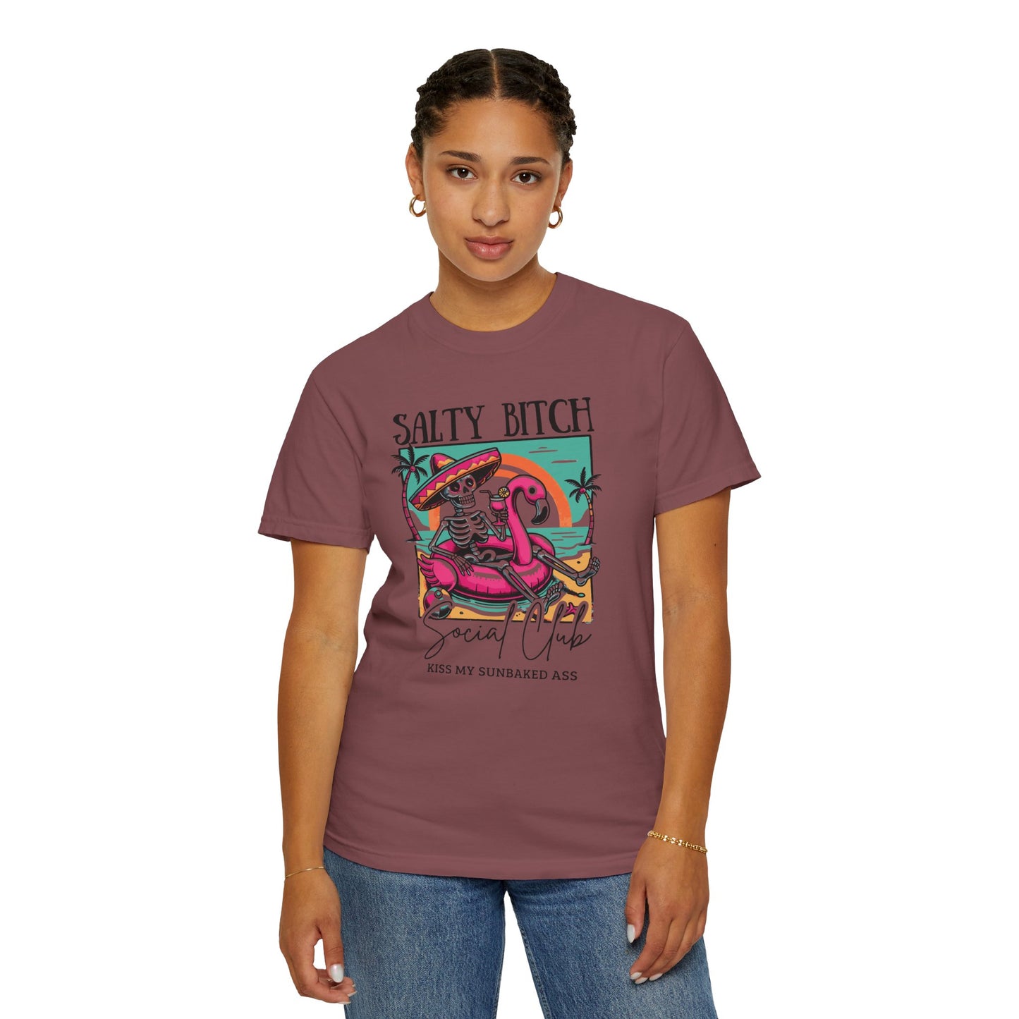 Salty Bitch Beach Vibes T-Shirt — Retro Skeleton Flamingo Summer Tee