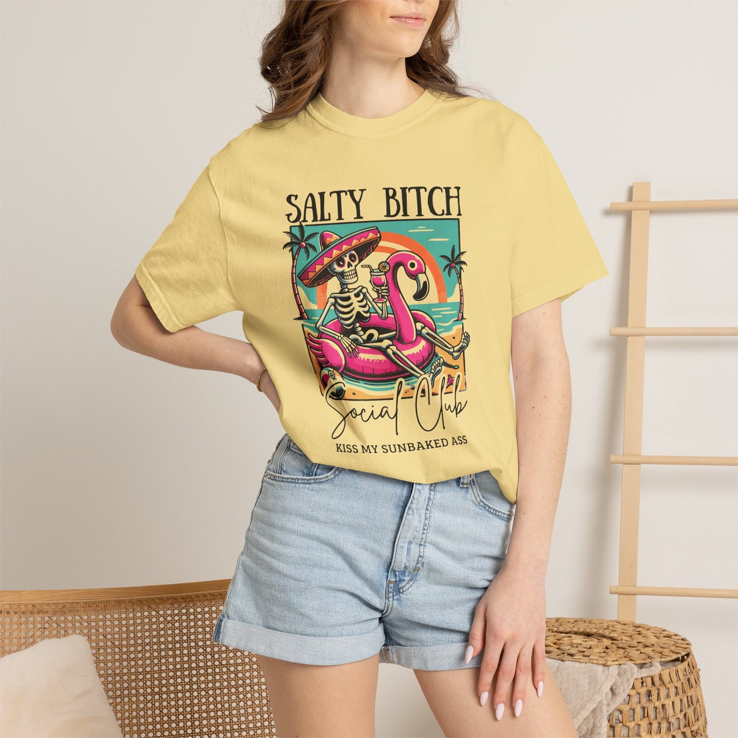 Salty Bitch Beach Vibes T-Shirt — Retro Skeleton Flamingo Summer Tee
