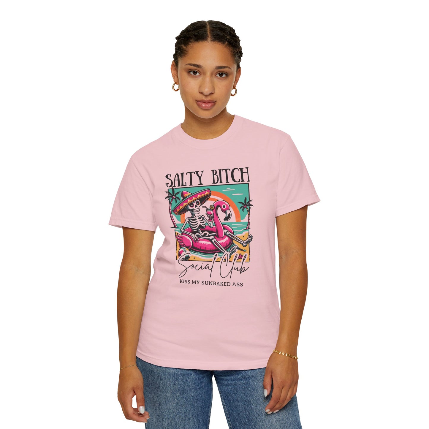 Salty Bitch Beach Vibes T-Shirt — Retro Skeleton Flamingo Summer Tee
