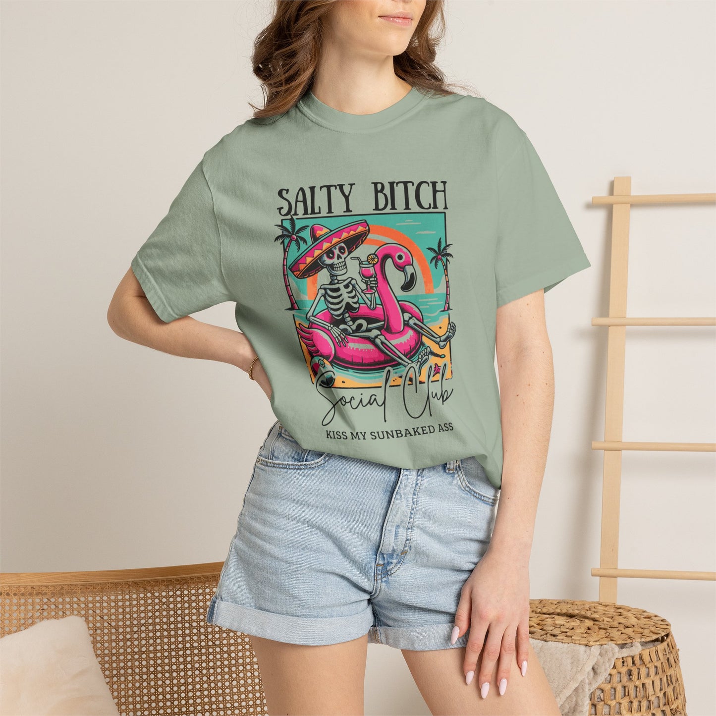 Salty Bitch Beach Vibes T-Shirt — Retro Skeleton Flamingo Summer Tee