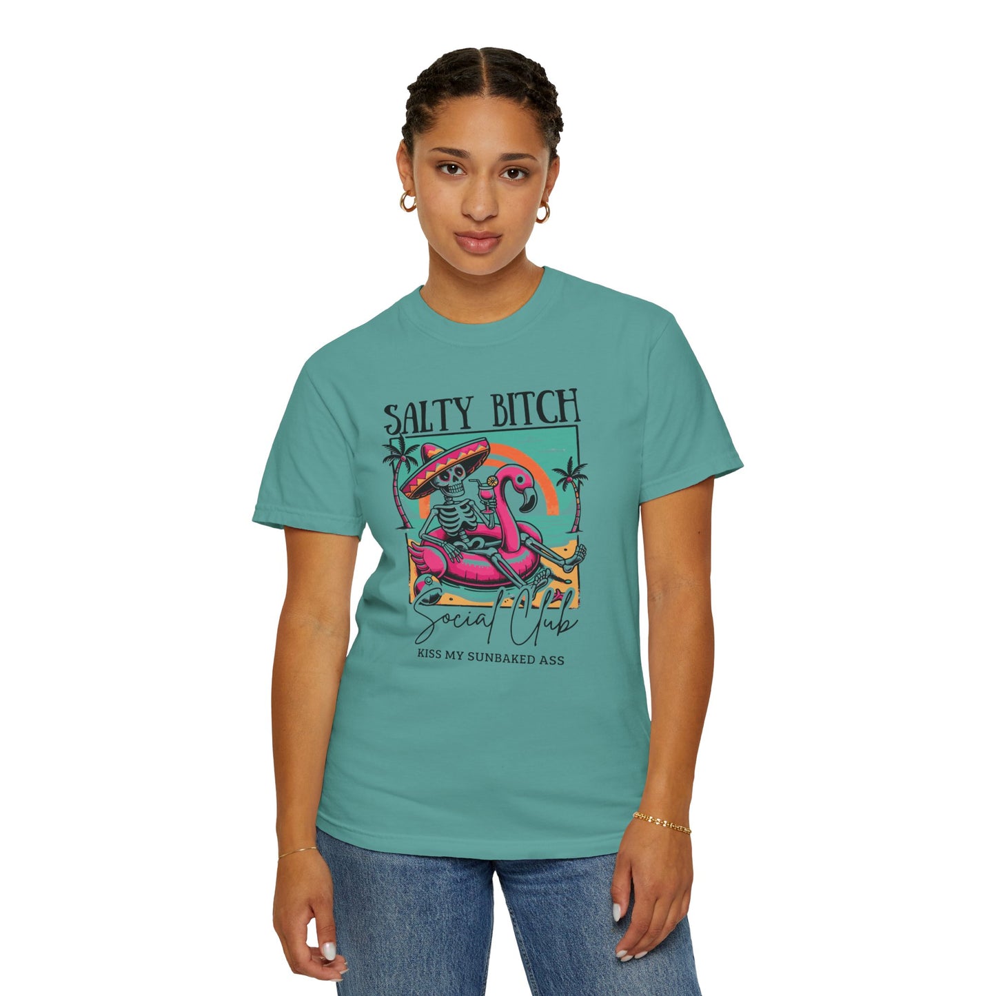 Salty Bitch Beach Vibes T-Shirt — Retro Skeleton Flamingo Summer Tee