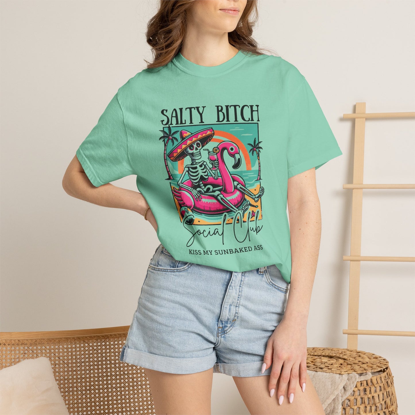 Salty Bitch Beach Vibes T-Shirt — Retro Skeleton Flamingo Summer Tee