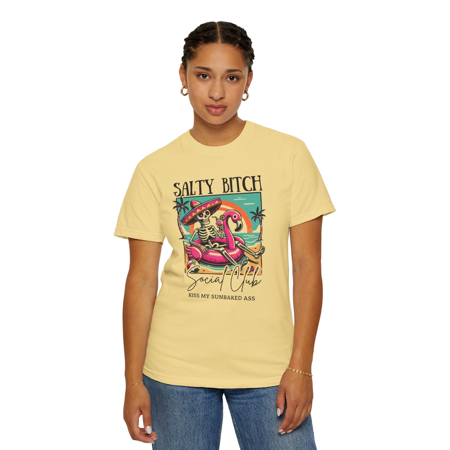 Salty Bitch Beach Vibes T-Shirt — Retro Skeleton Flamingo Summer Tee