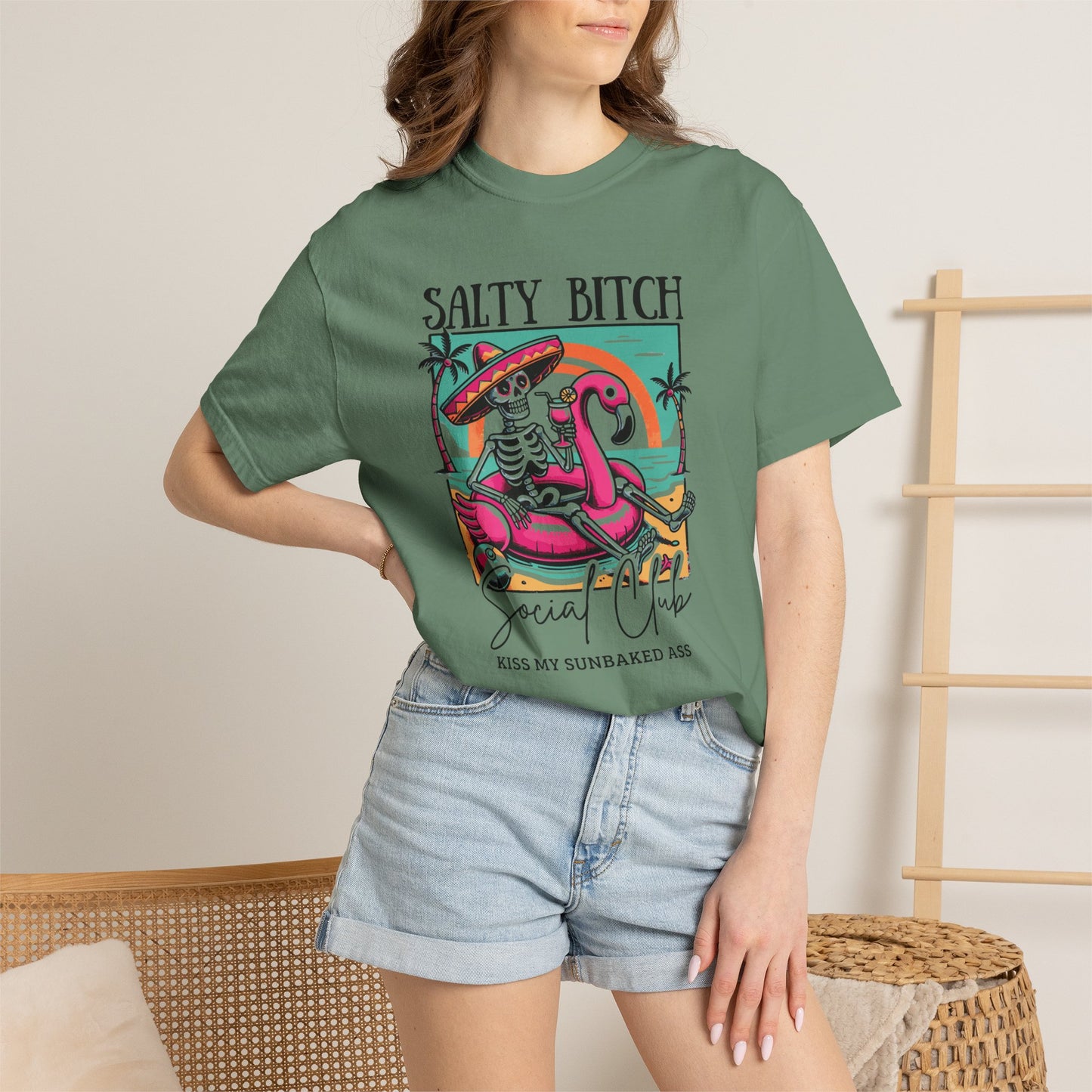 Salty Bitch Beach Vibes T-Shirt — Retro Skeleton Flamingo Summer Tee