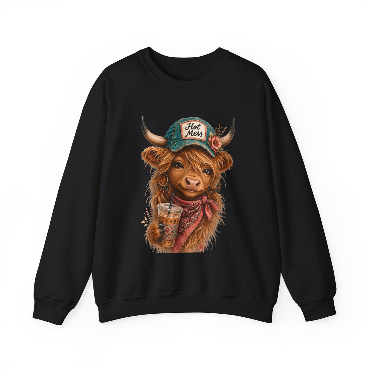 Cow Holding Coffee Crewneck Sweatshirt – 'Hot Mess' Highland Cow Cozy Pullover