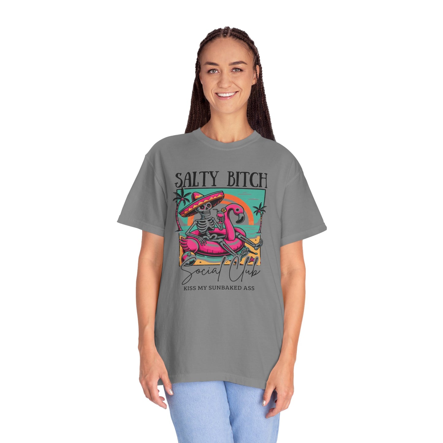 Salty Bitch Beach Vibes T-Shirt — Retro Skeleton Flamingo Summer Tee
