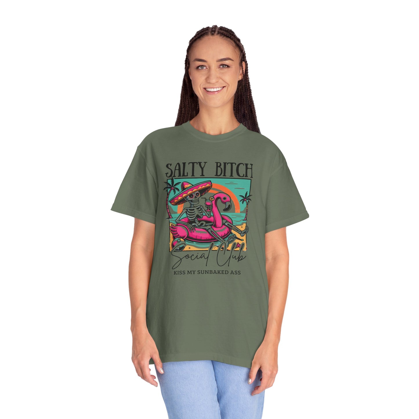 Salty Bitch Beach Vibes T-Shirt — Retro Skeleton Flamingo Summer Tee