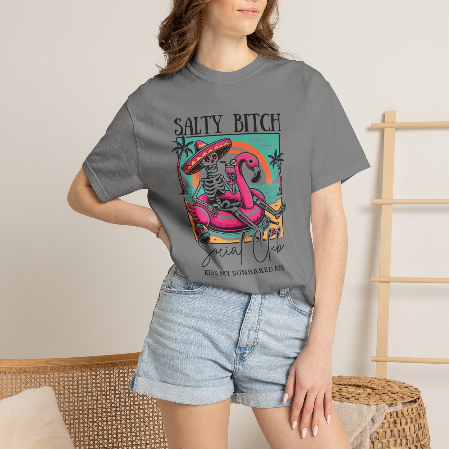 Salty Bitch Beach Vibes T-Shirt — Retro Skeleton Flamingo Summer Tee