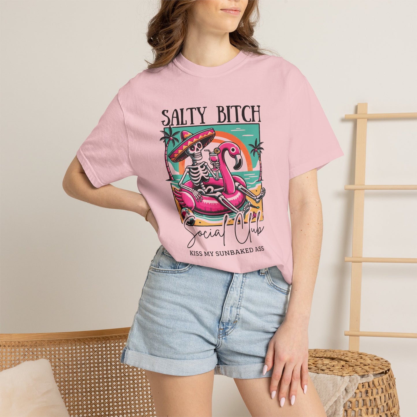 Salty Bitch Beach Vibes T-Shirt — Retro Skeleton Flamingo Summer Tee