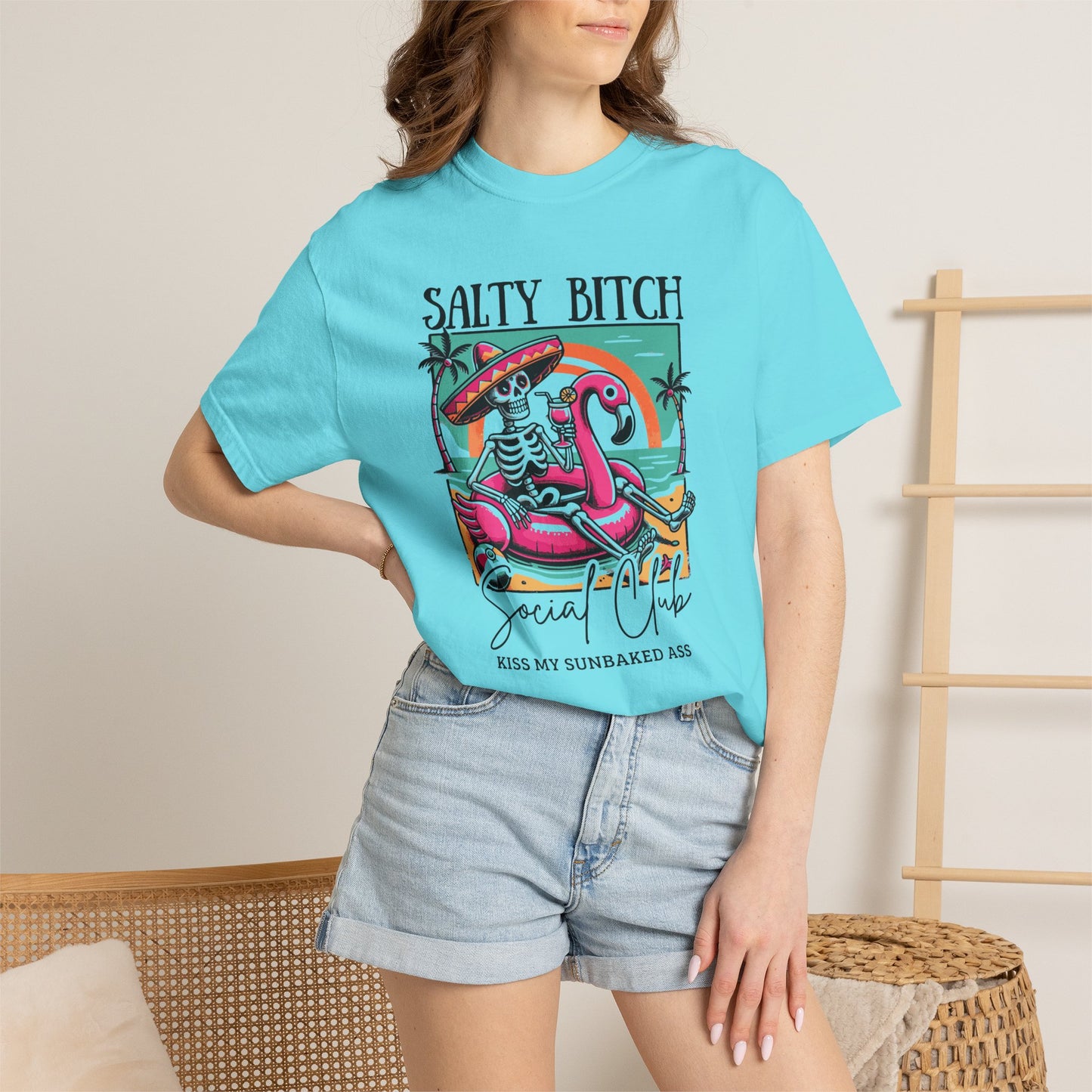 Salty Bitch Beach Vibes T-Shirt — Retro Skeleton Flamingo Summer Tee