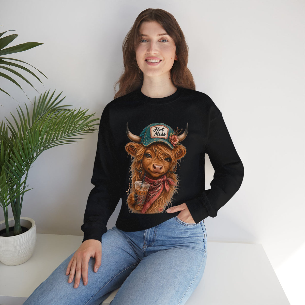 Cow Holding Coffee Crewneck Sweatshirt – 'Hot Mess' Highland Cow Cozy Pullover