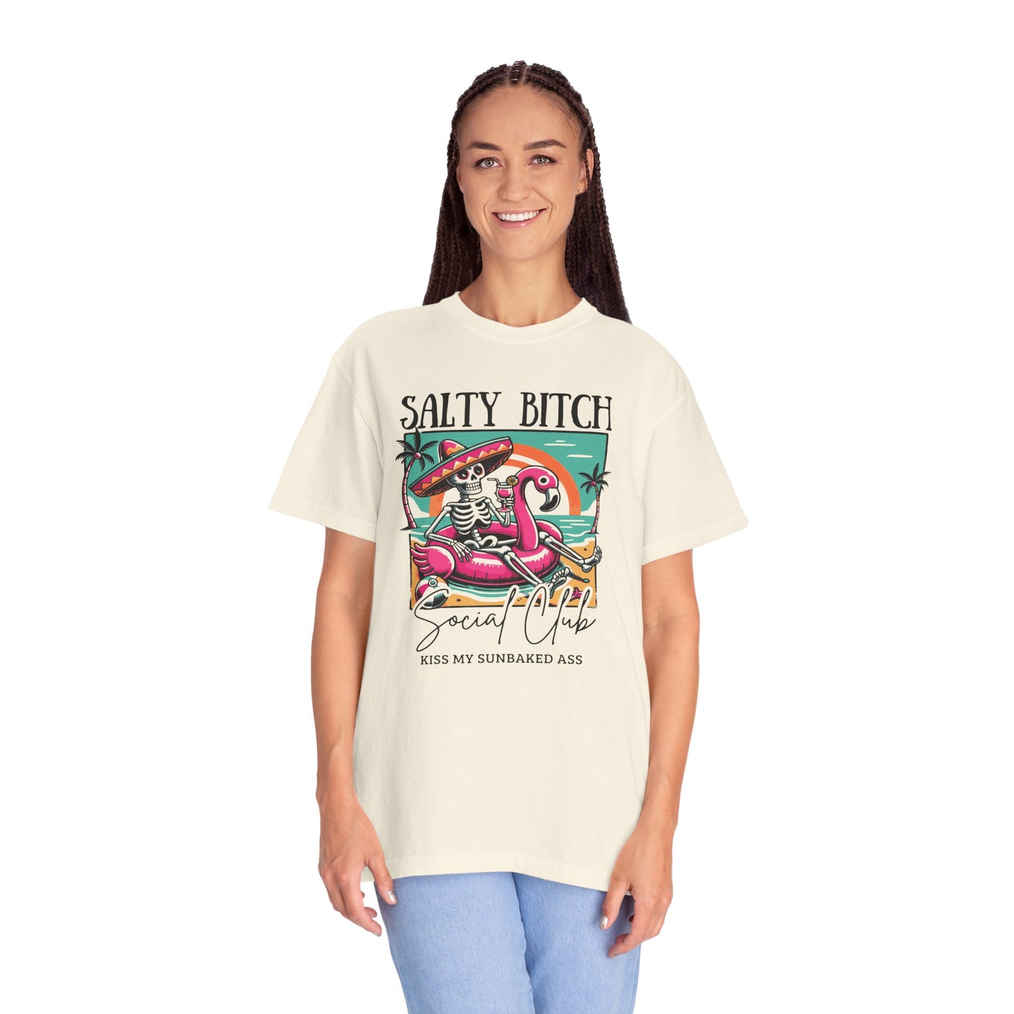 Salty Bitch Beach Vibes T-Shirt — Retro Skeleton Flamingo Summer Tee