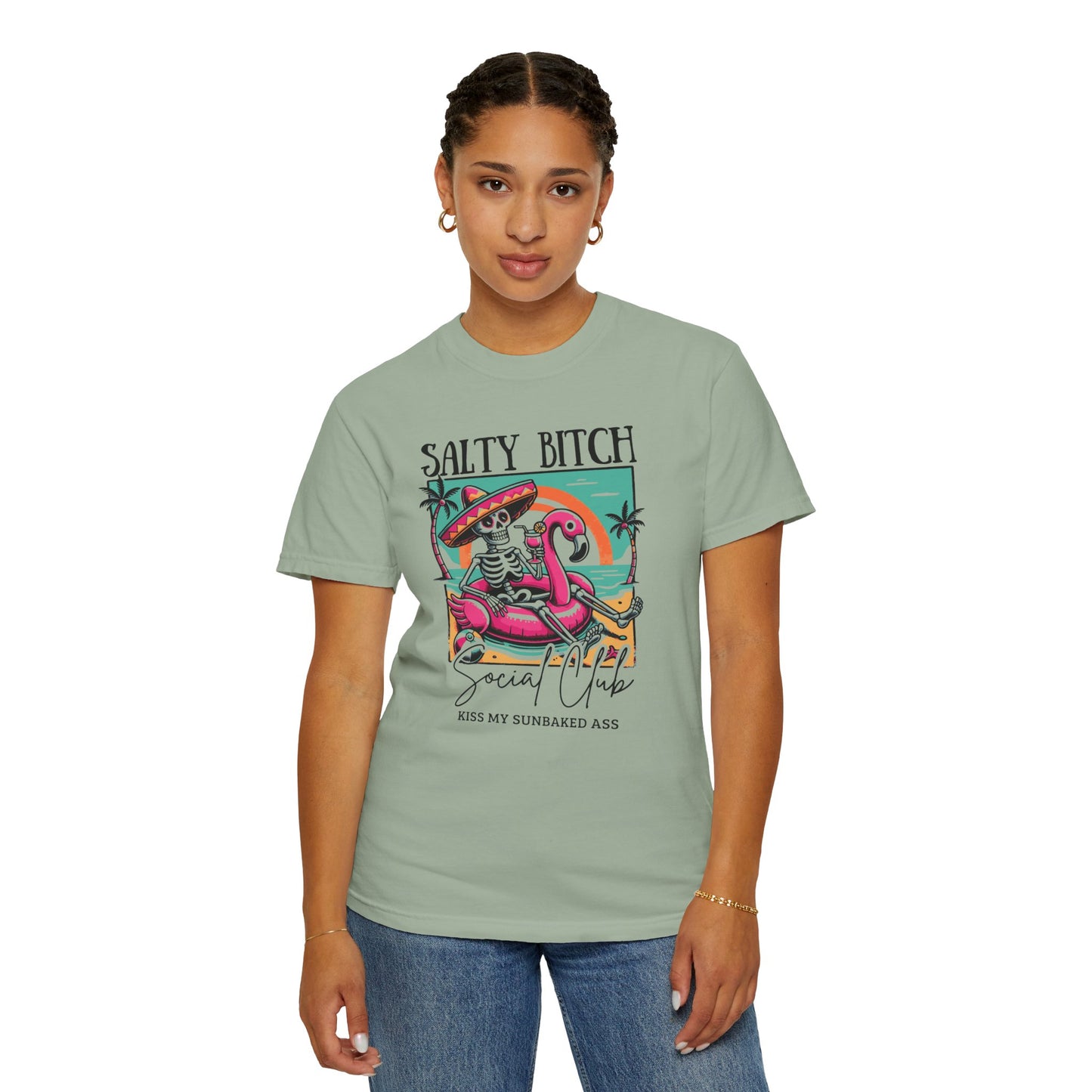 Salty Bitch Beach Vibes T-Shirt — Retro Skeleton Flamingo Summer Tee