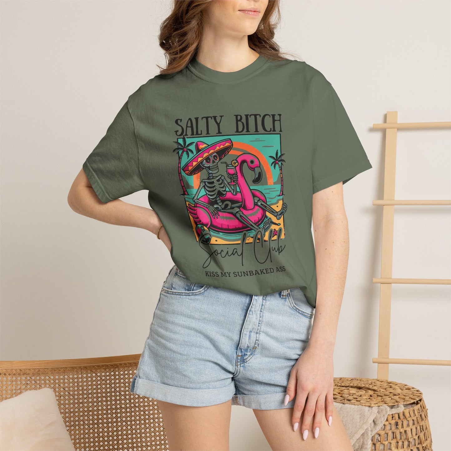 Salty Bitch Beach Vibes T-Shirt — Retro Skeleton Flamingo Summer Tee