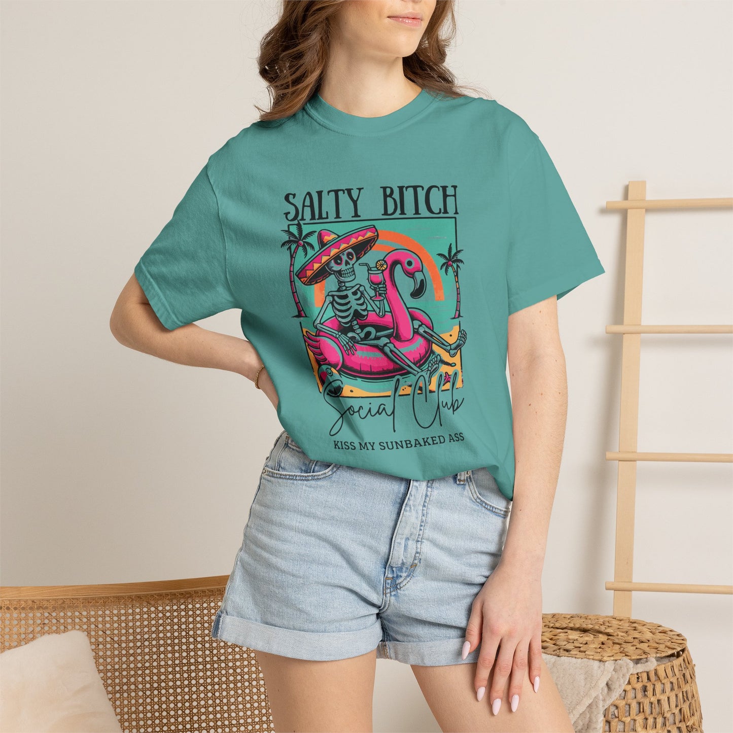 Salty Bitch Beach Vibes T-Shirt — Retro Skeleton Flamingo Summer Tee